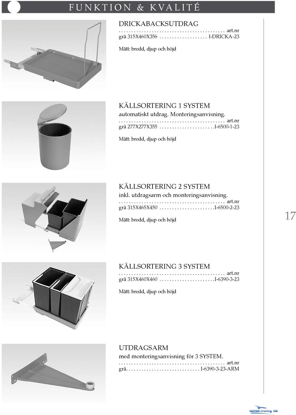 utdragsarm och monteringsanvisning. grå 315X465X450......................I-6500-2-23 17 KÄLLSORTERING 3 SYSTEM grå 315X460X460.