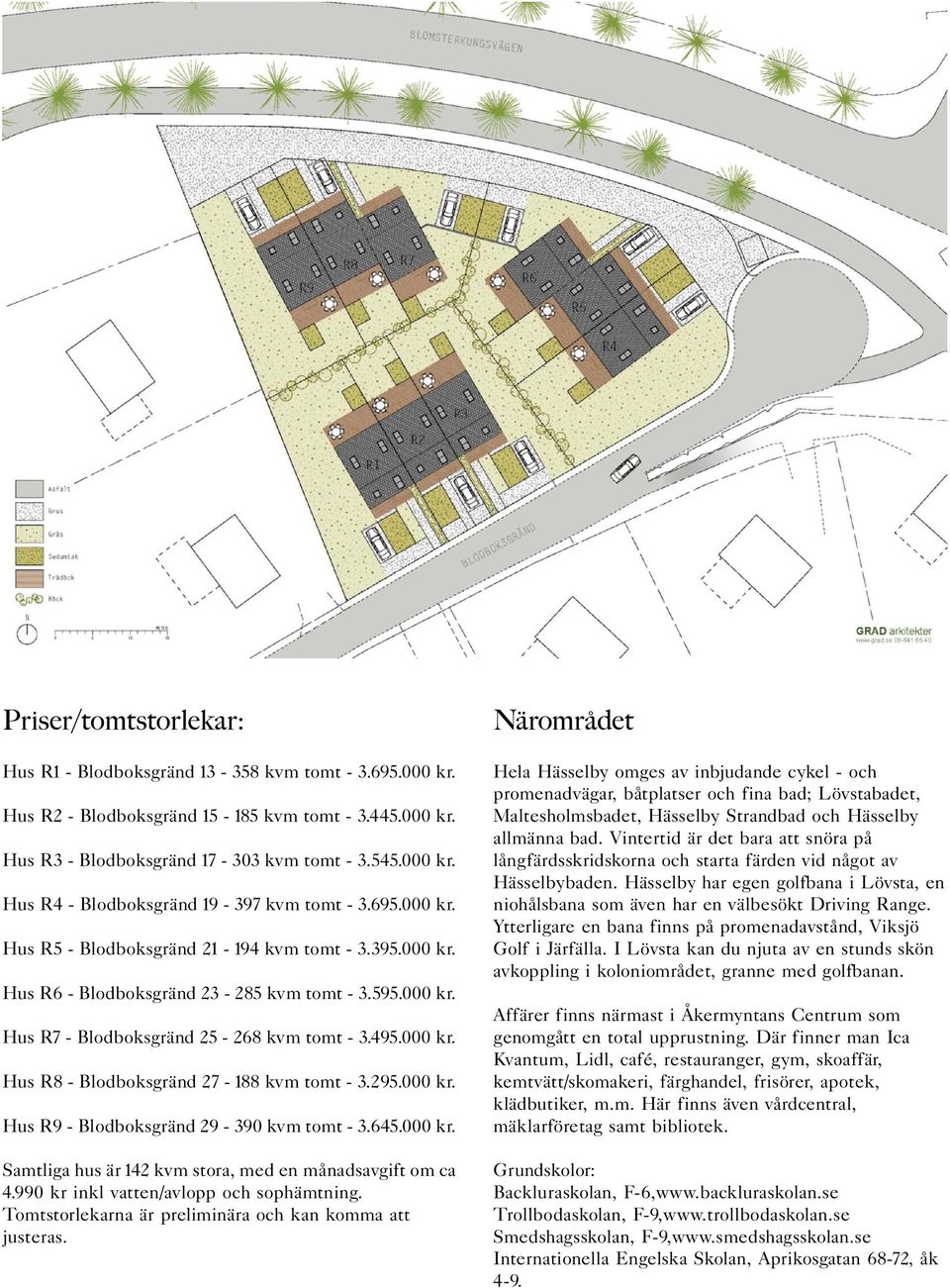 295.000 kr. HusR9-Blodboksgränd29-390kvmtomt-3.645.000kr. Samtligahusär142kvmstora,medenmånadsavgiftomca 4.990 kr inkl vatten/avlopp och sophämtning.