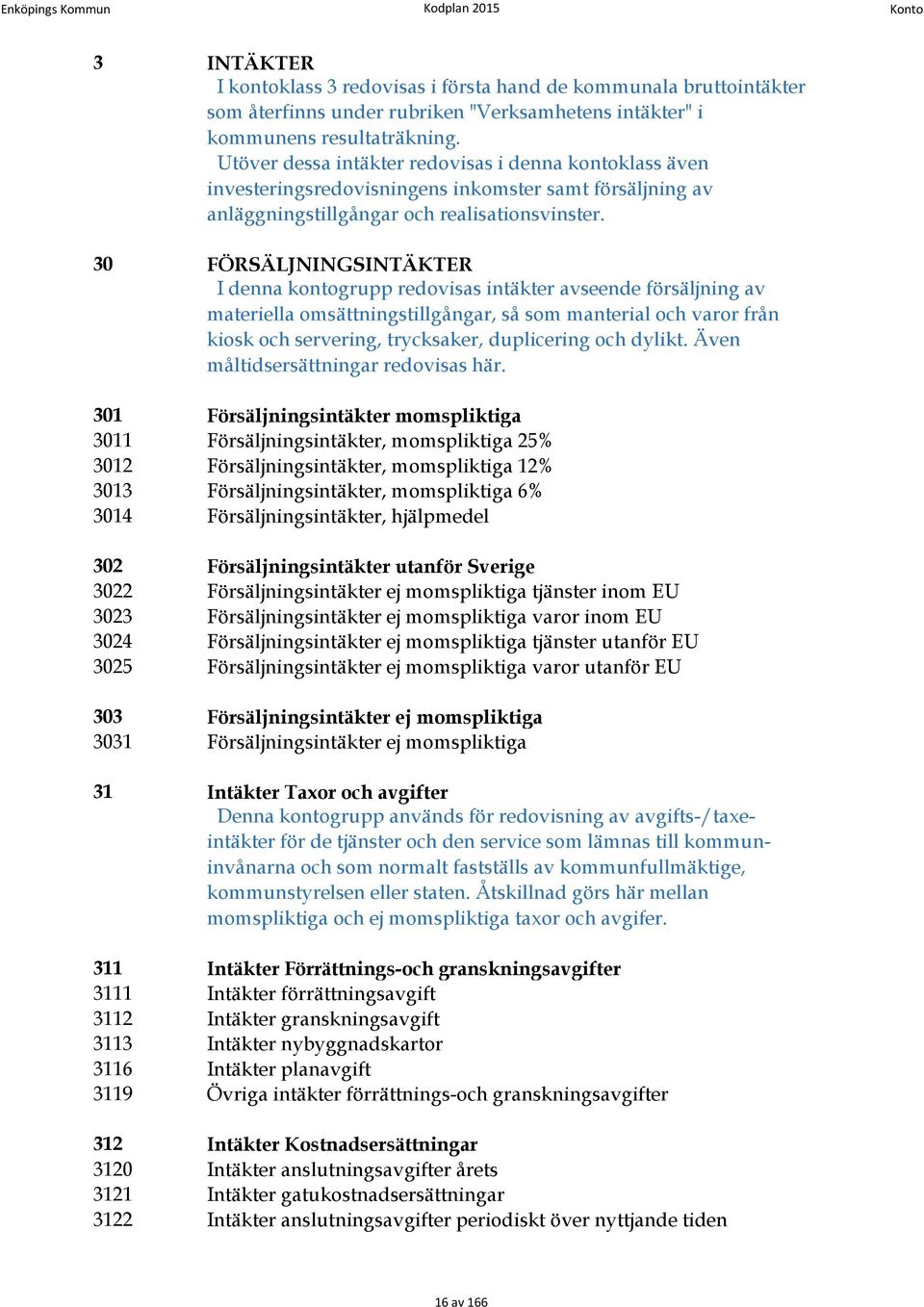 30 FÖRSÄLJNINGSINTÄKTER I denna kontogrupp redovisas intäkter avseende försäljning av materiella omsättningstillgångar, så som manterial och varor från kiosk och servering, trycksaker, duplicering