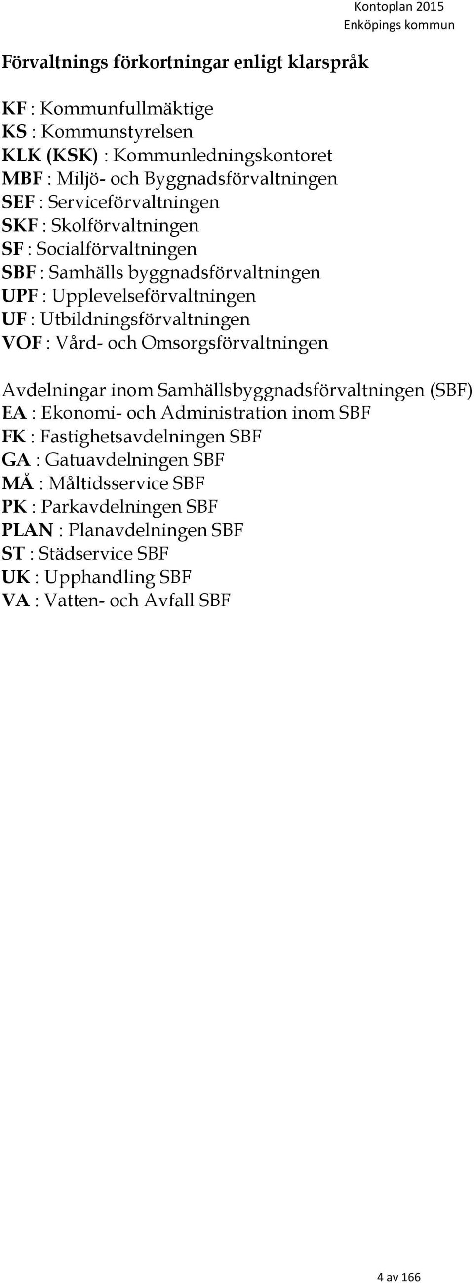 Vård- och Omsorgsförvaltningen Kontoplan 2015 Enköpings kommun Avdelningar inom Samhällsbyggnadsförvaltningen (SBF) EA : Ekonomi- och Administration inom SBF FK :