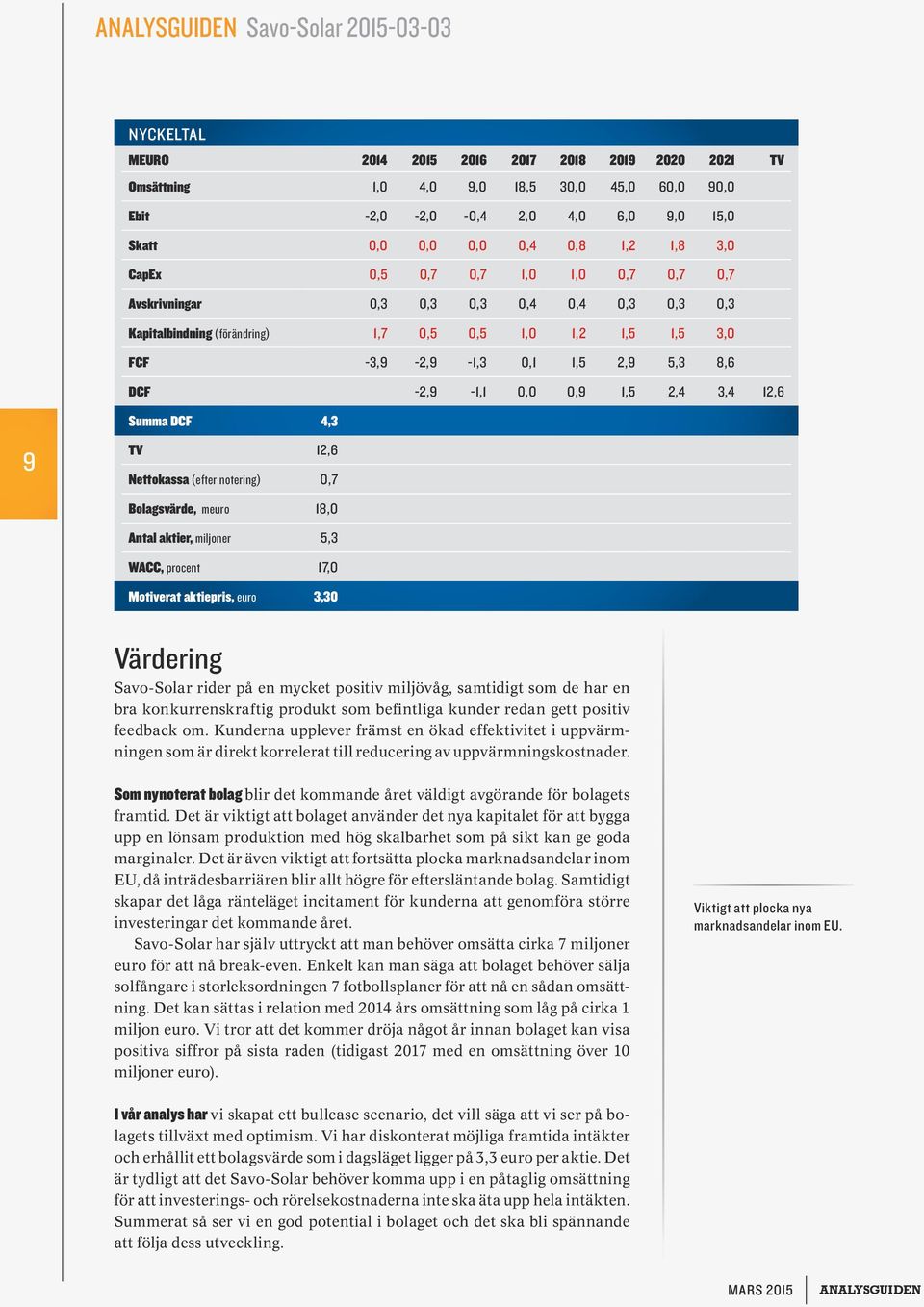 notering) 0,7 Bolagsvärde, meuro 1,0 Antal aktier, miljoner, WACC, procent 17,0 Motiverat aktiepris, euro,0 Värdering Savo-Solar rider på en mycket positiv miljövåg, samtidigt som de har en bra