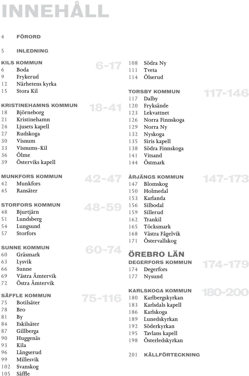 Finnskoga 141 Vitsand 144 Östmark 117-146 MUNKFORS KOMMUN 42 Munkfors 45 Ransäter STORFORS KOMMUN 48 Bjurtjärn 51 Lundsberg 54 Lungsund 57 Storfors SUNNE KOMMUN 60 Gräsmark 63 Lysvik 66 Sunne 69