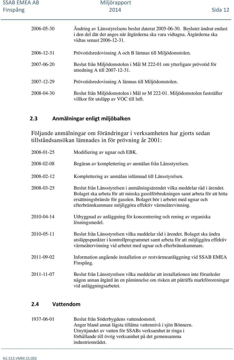 2007-06-20 Beslut från Miljödomstolen i Mål M 222-01 om ytterligare prövotid för utredning A till 2007-12-31. 2007-12-29 Prövotidsredovisning A lämnas till Miljödomstolen.