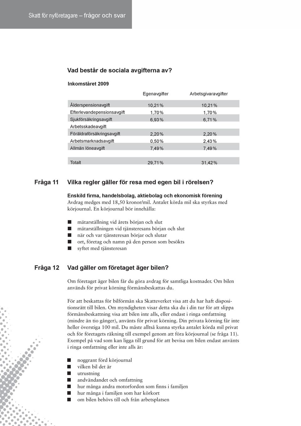 Föräldraförsäkringsavgift 2,20 % 2,20 % Arbetsmarknadsavgift 0,50 % 2,43 % Allmän löneavgift 7,49 % 7,49 % Totalt 29,71 % 31,42 % Fråga 11 Vilka regler gäller för resa med egen bil i rörelsen?