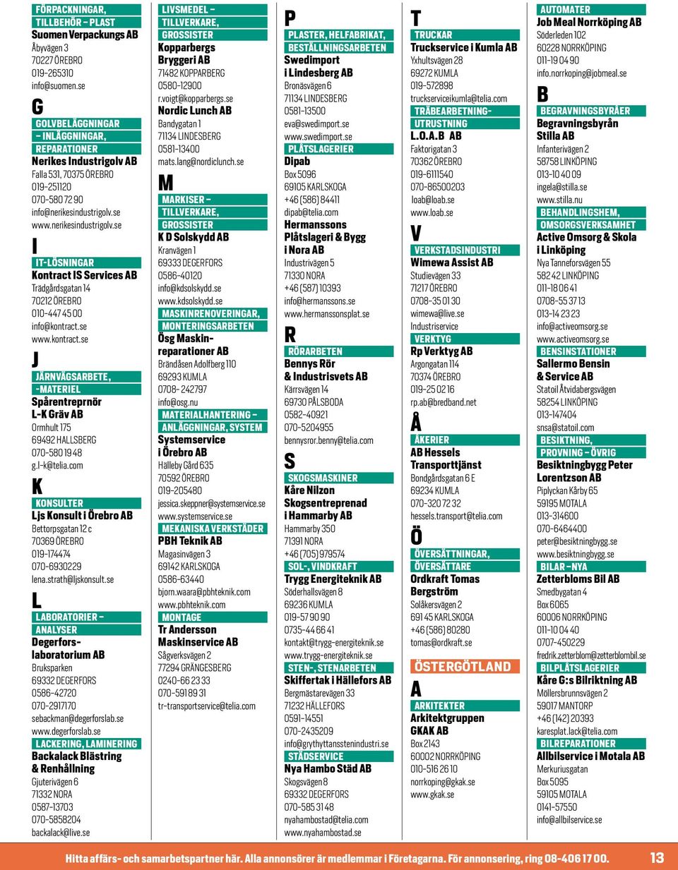 se www.nerikesindustrigolv.se -LÖNNGA Kontract ervices rädgårdsgatan 14 70212 ÖO 010-447 45 00 info@kontract.se www.kontract.se J JÄNVÄGA, -MAL pårentreprnör L-K Gräv Ormhult 175 69492 HALLG 070-580 19 48 g.