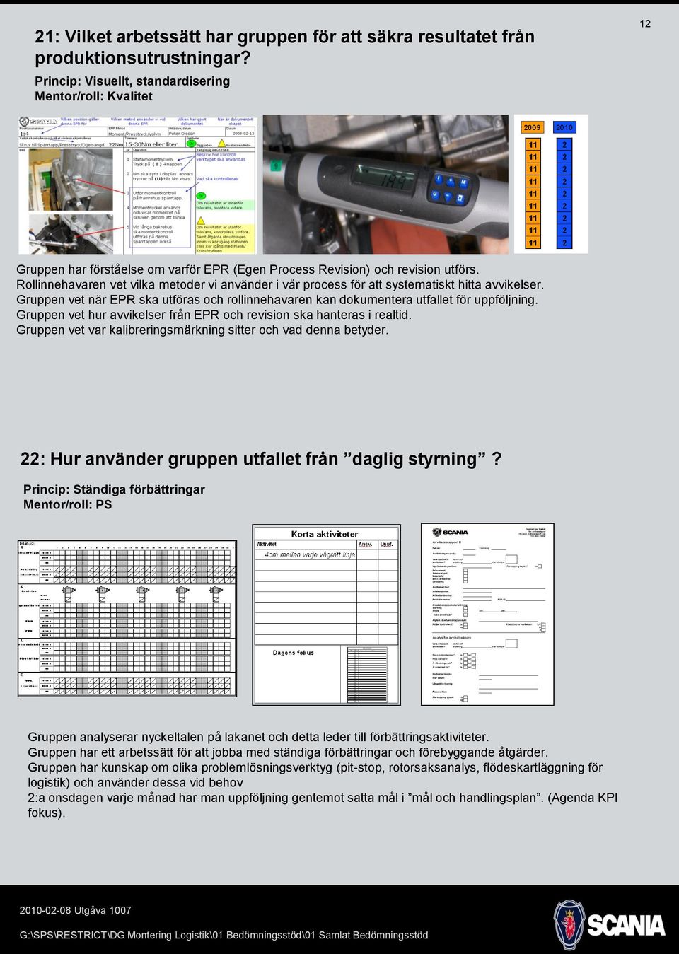 Gruppen vet hur avvikelser från EPR och revision ska hanteras i realtid. Gruppen vet var kalibreringsmärkning sitter och vad denna betyder. 22: Hur använder gruppen utfallet från daglig styrning?