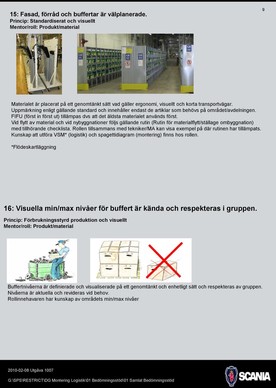 Uppmärkning enligt gällande standard och innehåller endast de artiklar som behövs på området/avdelningen. FIFU (först in först ut) tillämpas dvs att det äldsta materialet används först.