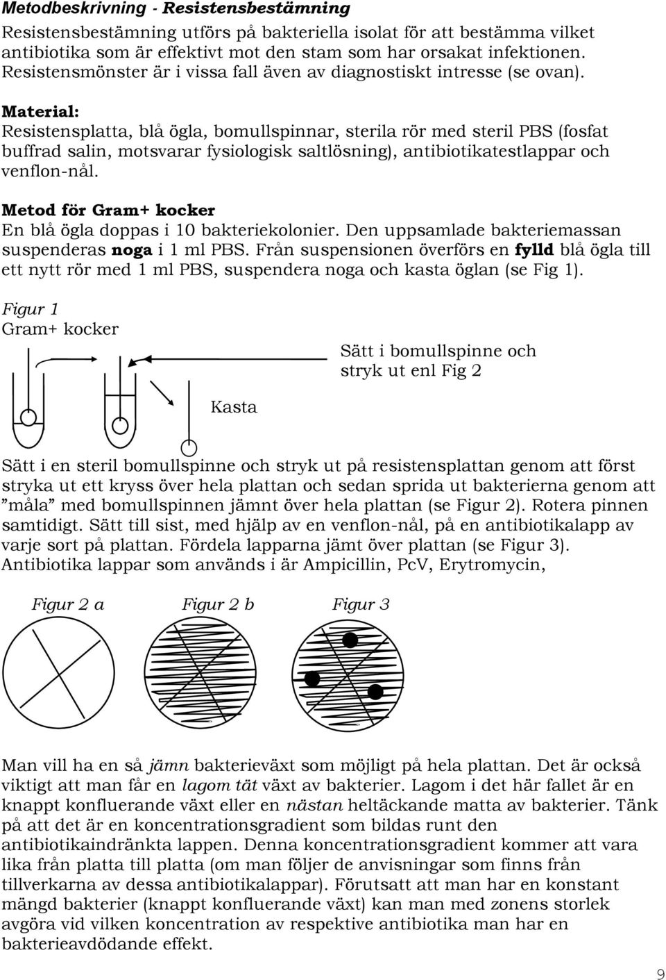 Material: Resistensplatta, blå ögla, bomullspinnar, sterila rör med steril PBS (fosfat buffrad salin, motsvarar fysiologisk saltlösning), antibiotikatestlappar och venflon-nål.