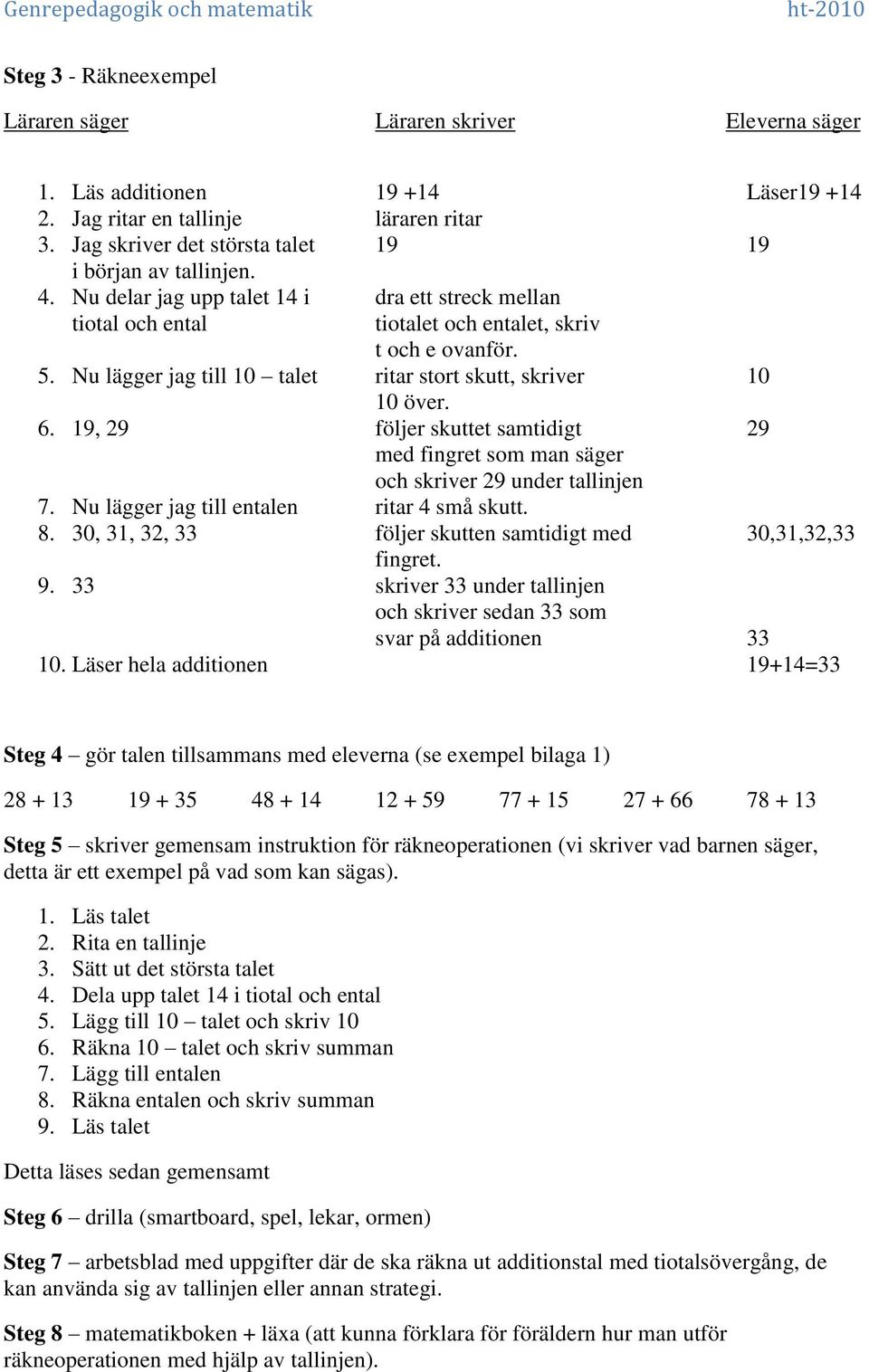 Nu lägger jag till 10 talet ritar stort skutt, skriver 10 10 över. 6. 19, 29 följer skuttet samtidigt 29 med fingret som man säger och skriver 29 under tallinjen 7.