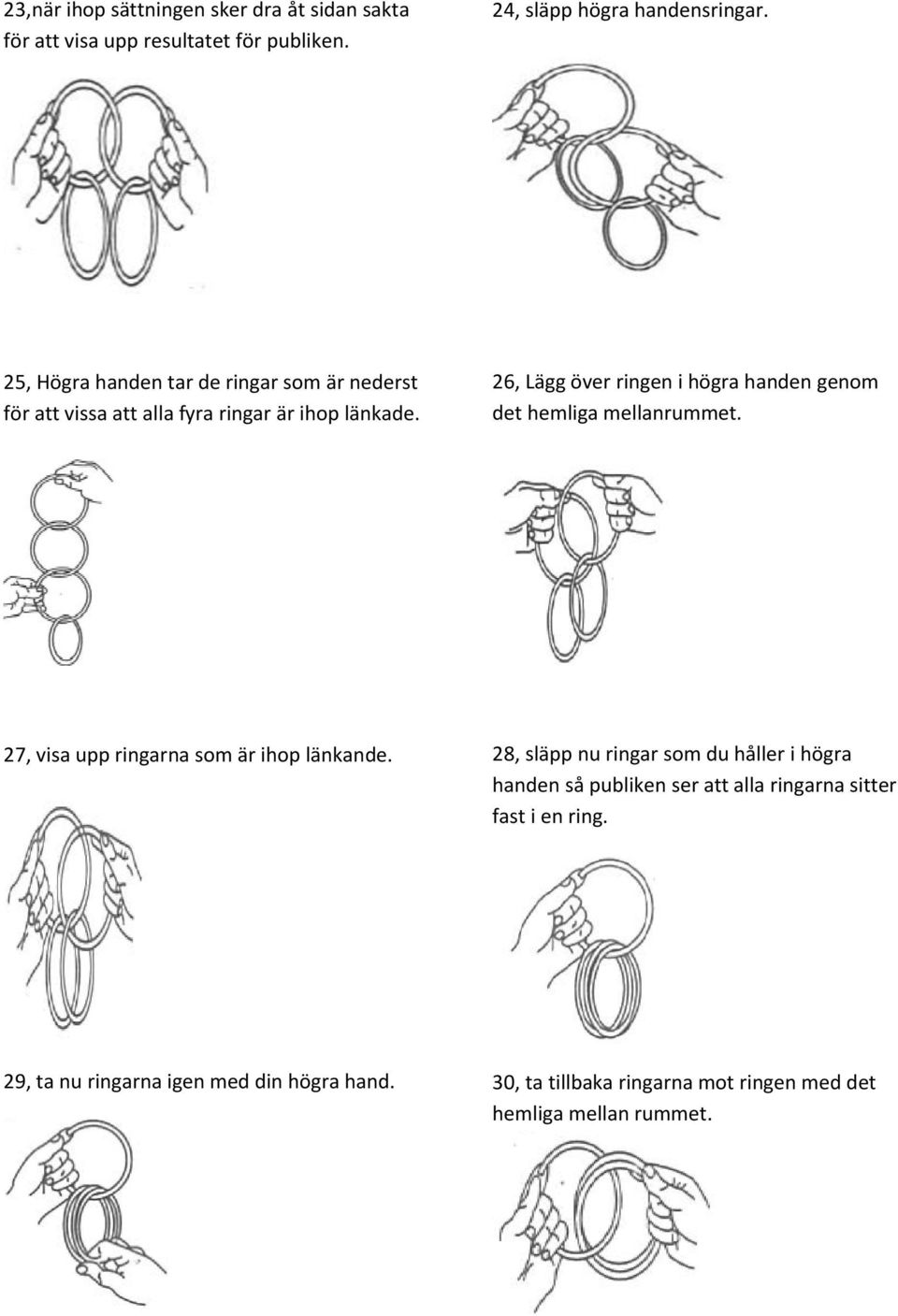 26, Lägg över ringen i högra handen genom det hemliga mellanrummet. 27, visa upp ringarna som är ihop länkande.