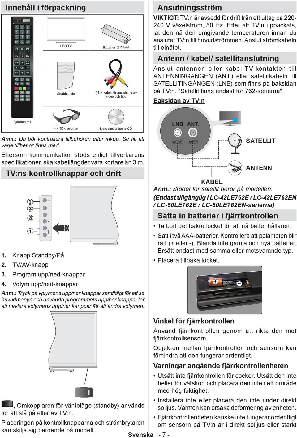 Antenn / kabel/ satellitanslutning Anslut antennen eller kabel-tv-kontakten till ANTENNINGÅNGEN (ANT.) eller satellitkabeln till SATELLITINGÅNGEN (LNB) som finns på baksidan på TV:n.