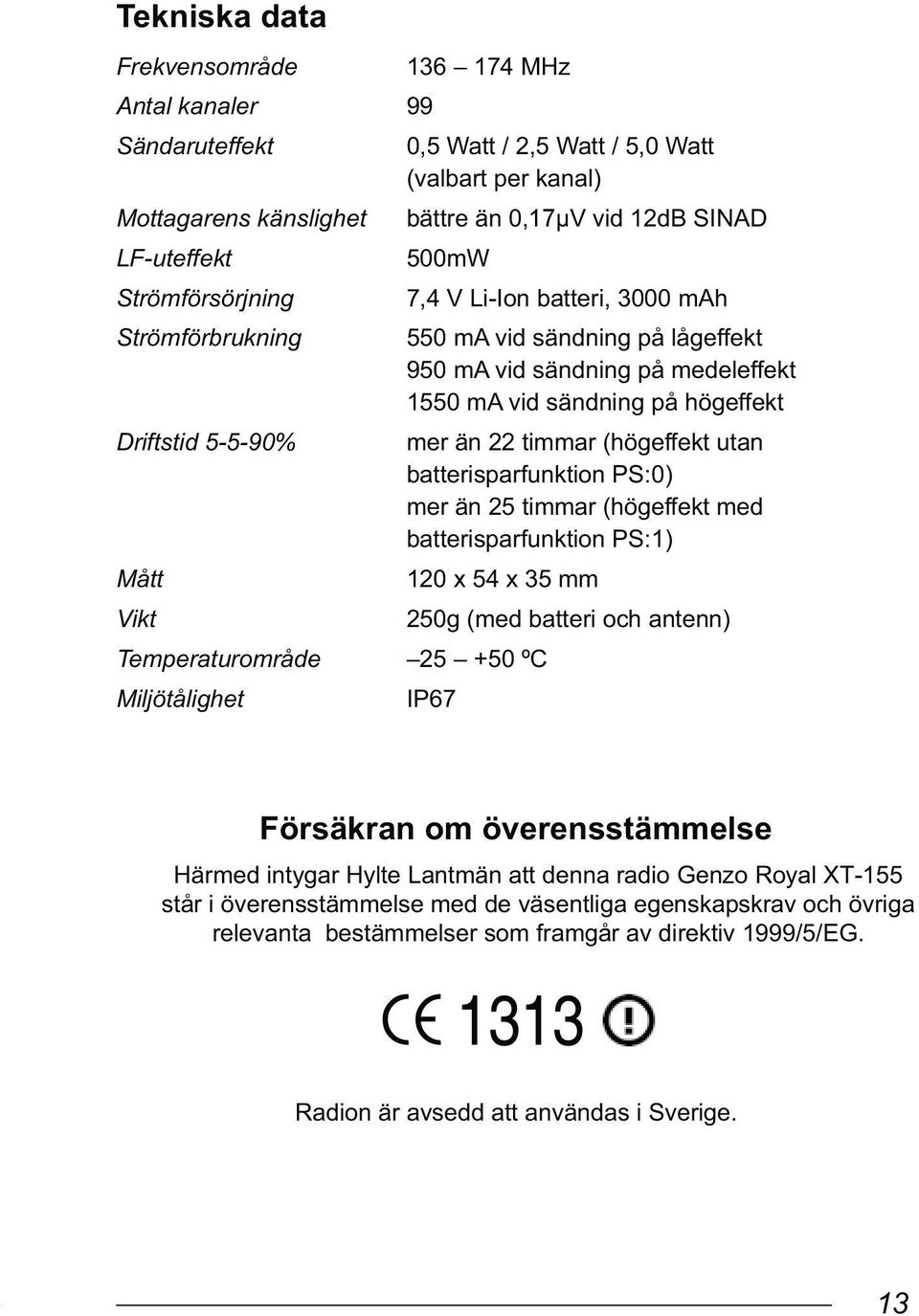 än 22 timmar (högeffekt utan batterisparfunktion PS:0) mer än 25 timmar (högeffekt med batterisparfunktion PS:1) 120 x 54 x 35 mm Temperaturområde 25 +50 ºC Miljötålighet 250g (med batteri och