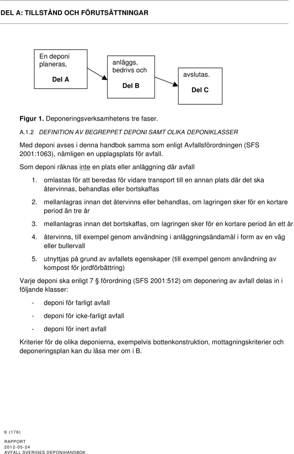 2 DEFINITION AV BEGREPPET DEPONI SAMT OLIKA DEPONIKLASSER Med deponi avses i denna handbok samma som enligt Avfallsförordningen (SFS 2001:1063), nämligen en upplagsplats för avfall.