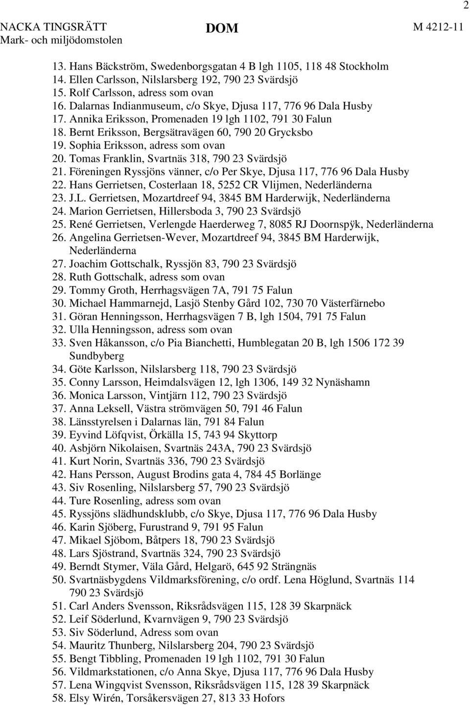 Sophia Eriksson, adress som ovan 20. Tomas Franklin, Svartnäs 318, 790 23 Svärdsjö 21. Föreningen Ryssjöns vänner, c/o Per Skye, Djusa 117, 776 96 Dala Husby 22.