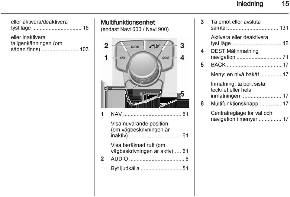 .. 61 Visa beräknad rutt (om vägbeskrivningen är aktiv)...61 2 AUDIO... 6 Byt ljudkälla... 51 3 Ta emot eller avsluta samtal.