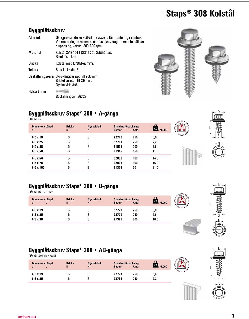 Nyckelvidd 3/8. Hylsa 8 mm Beställningsnr. 96323 Byggplåtsskruv Staps 308 A-gänga Plåt till trä Diameter x Längd Bricka Nyckelvidd Standardförpackning d L D N Bestnr Antal /1.
