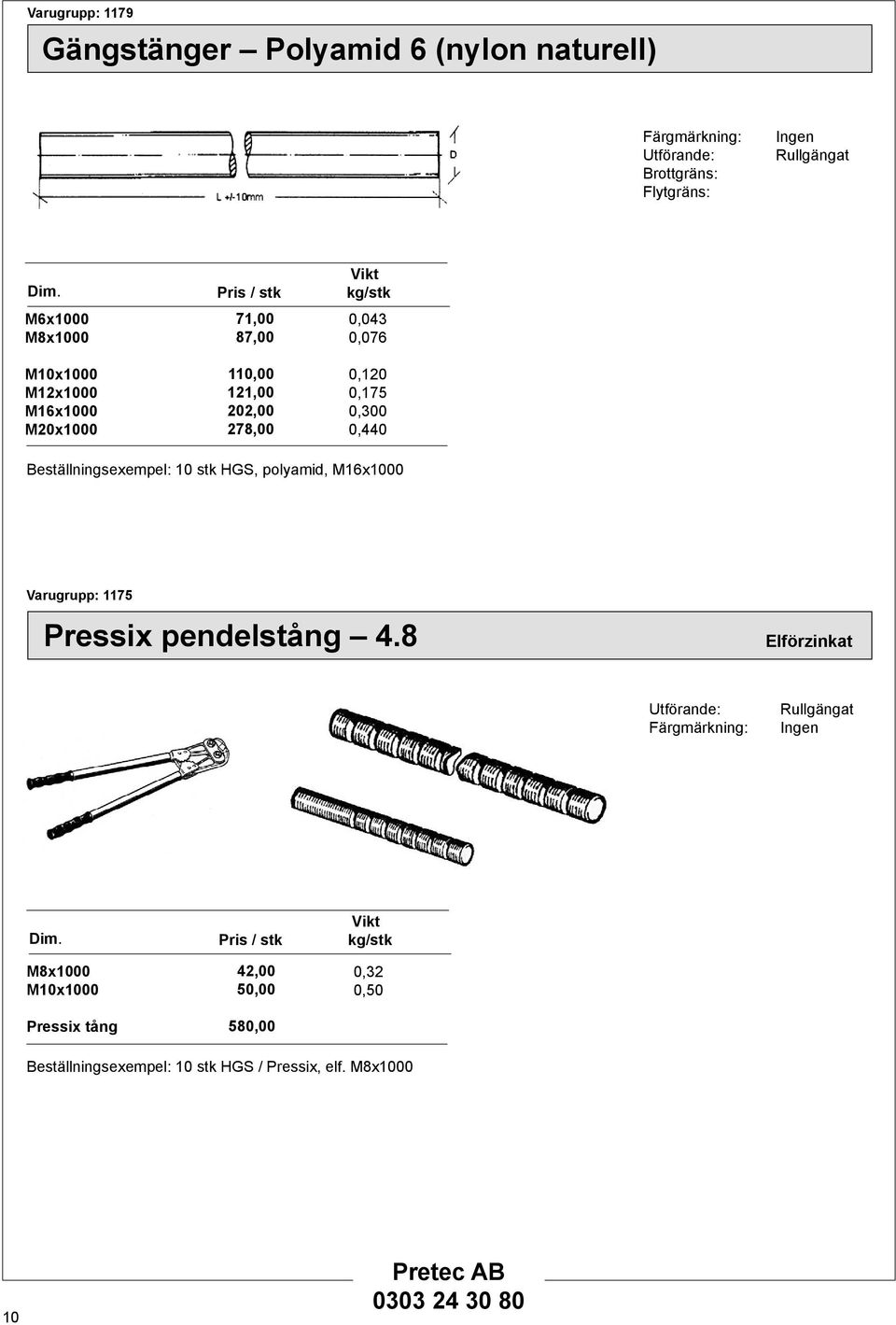 Beställningsexempel: stk HGS, polyamid, M6x00 Varugrupp: 75 Pressix pendelstång 4.