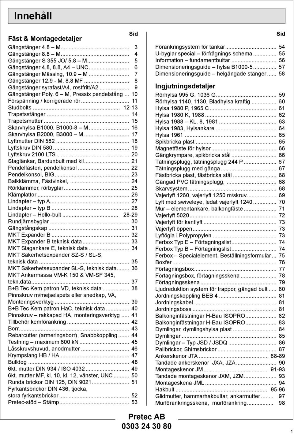 .. 5 Skarvhylsa B00, B00- M... 6 Skarvhylsa B00, B00 M... 7 Lyftmutter DIN 52... Lyftskruv DIN 5... 9 Lyftskruv 20 LTS... Staglänkar, Bardunbult med kil... 2 Pendelfästen, pendelkonsol.