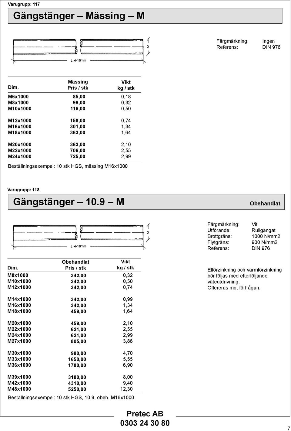 9 M Obehandlat Färgmärkning: Vit Utförande: Rullgängat Brottgräns: 00 N/2 Flytgräns: 900 N/2 Referens: DIN 976 Mx00 Mx00 Mx00 Obehandlat 342,00 342,00 342,00 kg / stk 0,32 0, 0,74 Elförzinkning och