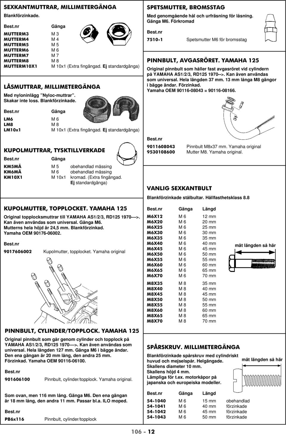 Förkromad 7510-1 Spetsmutter M6 för bromsstag PINNBULT, AVGASRÖRET. YAMAHA 125 Original pinnbult som håller fast avgasröret vid cylindern på YAMAHA AS1/2/3, RD125 1970-->.