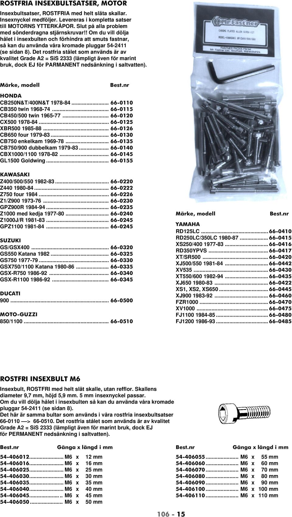 Det rostfria stålet som används är av kvalitet Grade A2 = SiS 2333 (lämpligt även för marint bruk, dock EJ för PARMANENT nedsänkning i saltvatten). Märke, modell HONDA CB250N&T/400N&T 1978-84.