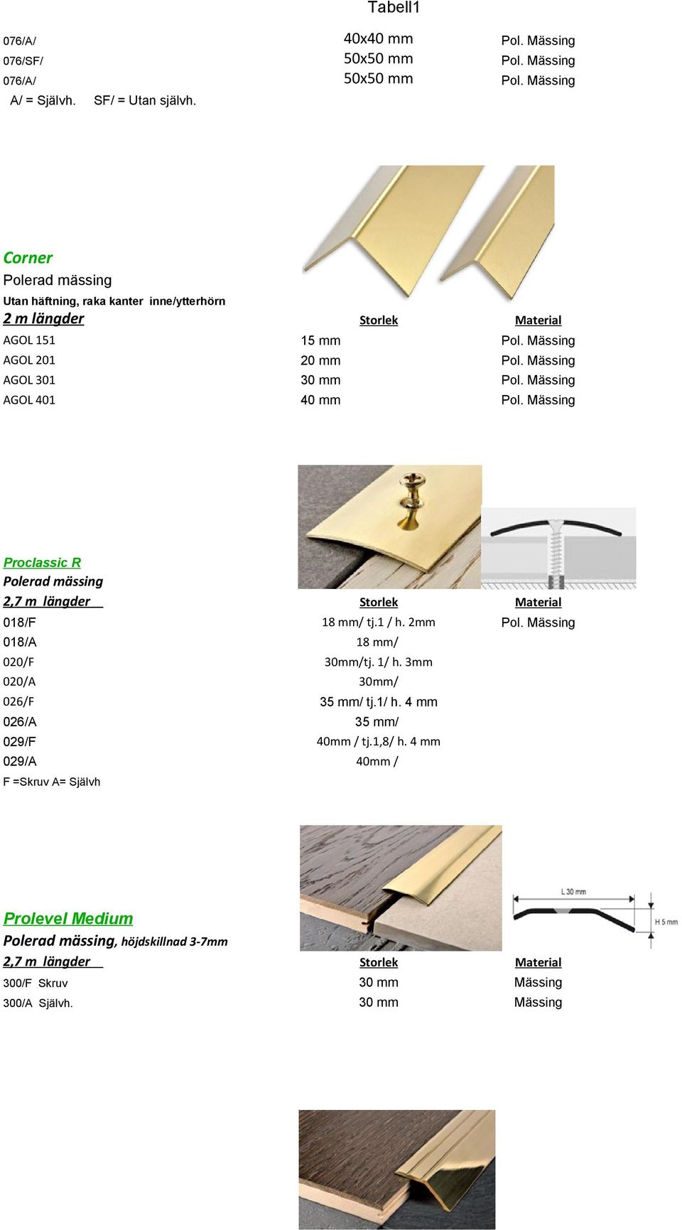 Mässing AGOL 301 30 mm Pol. Mässing AGOL 401 40 mm Pol. Mässing Proclassic R Polerad mässing 018/F 18 mm/ tj.1 / h. 2mm Pol.