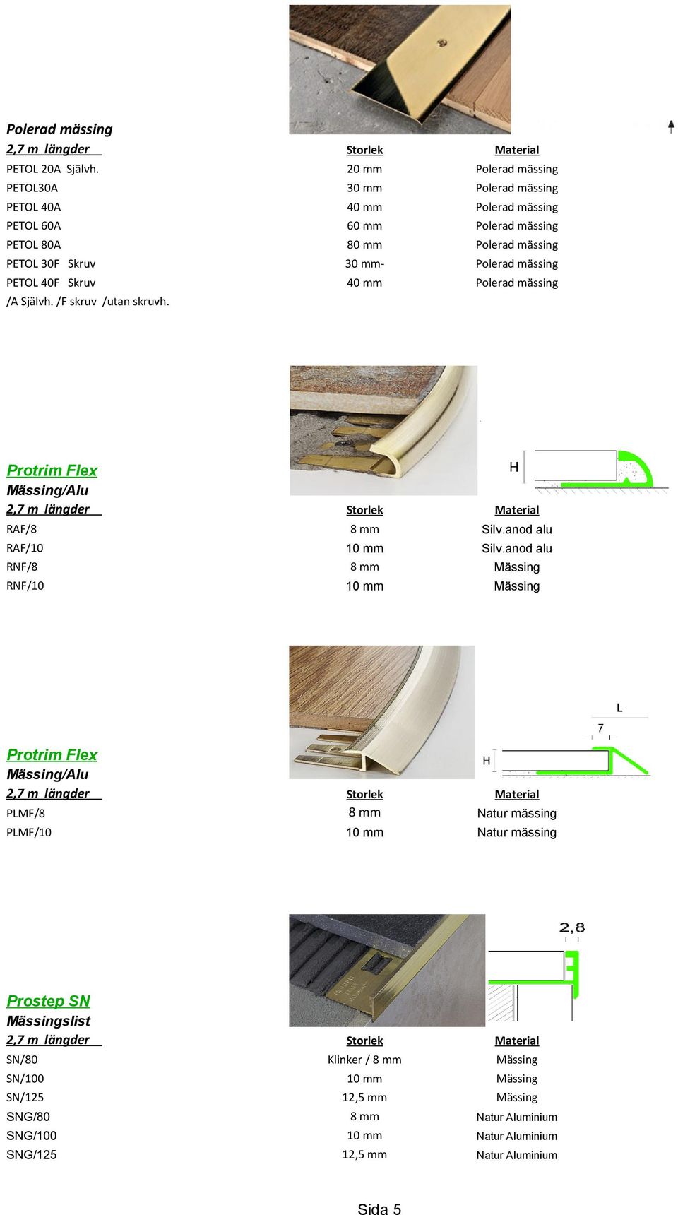 mm- Polerad mässing PETOL 40F Skruv 40 mm Polerad mässing /A Självh. /F skruv /utan skruvh. Protrim Flex Mässing/Alu RAF/8 8 mm Silv.anod alu RAF/10 10 mm Silv.