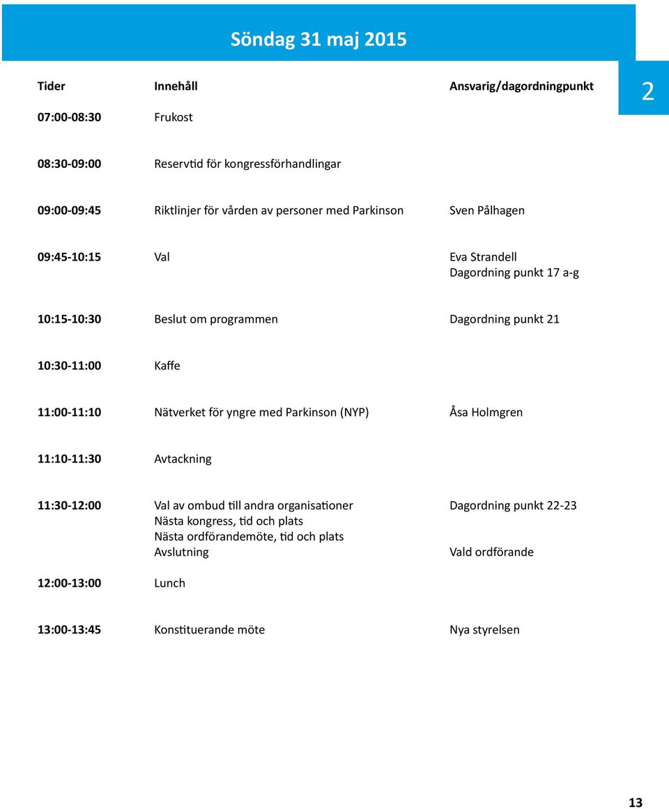 Kaffe 11:00-11:10 Nätverket för yngre med Parkinson (NYP) Åsa Holmgren 11:10-11:30 Avtackning 11:30-12:00 Val av ombud till andra organisationer Dagordning punkt