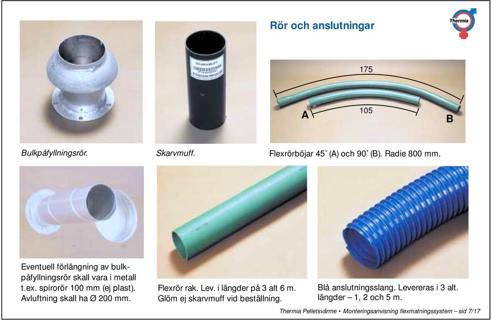 vluftning skall ha Ø 200 mm. Flexrör rak. Lev. i längder på 3 alt 6 m. Glöm ej skarvmuff vid beställning.