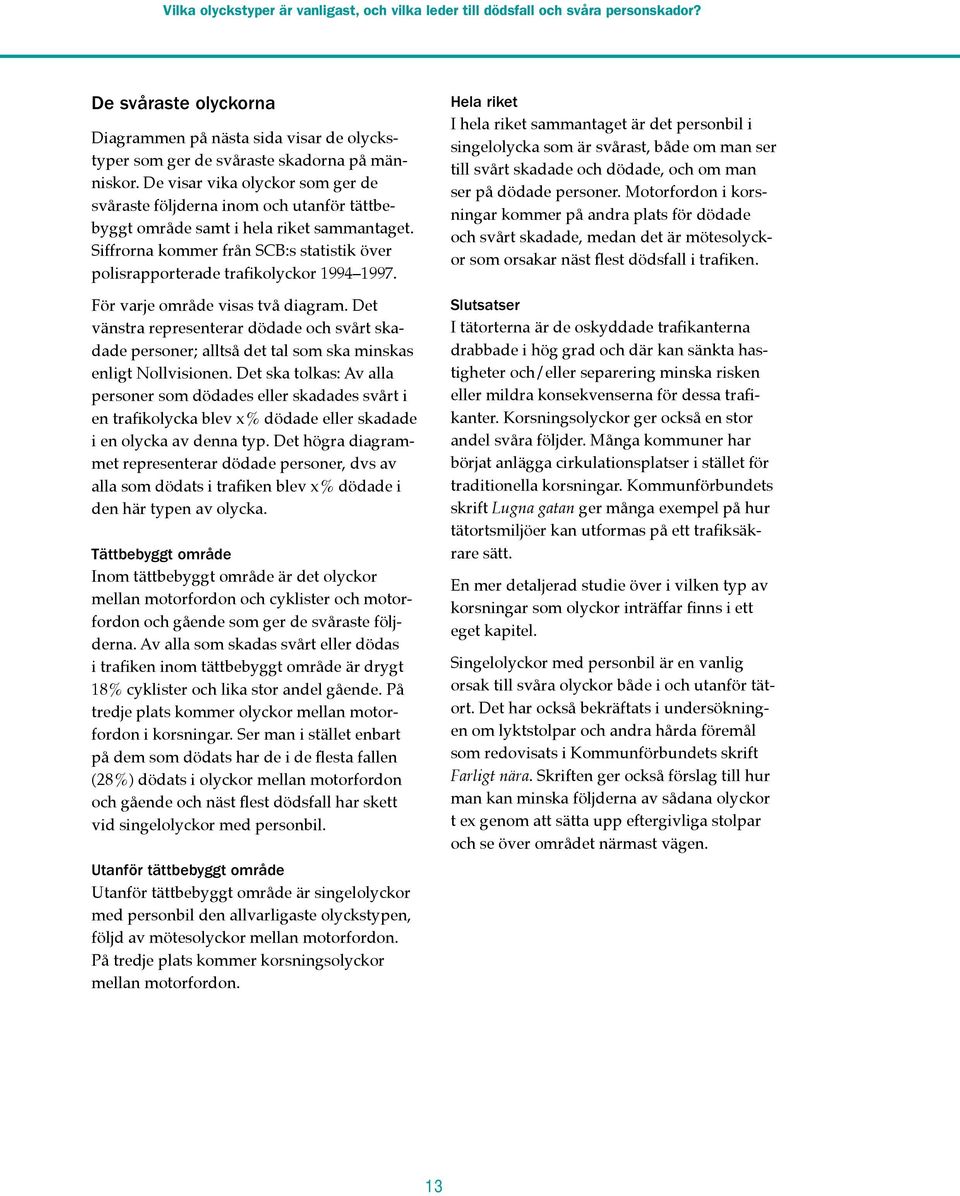 Siffrorna kommer från SCB:s statistik över polisrapporterade trafikolyckor 1994 1997. För varje område visas två diagram.