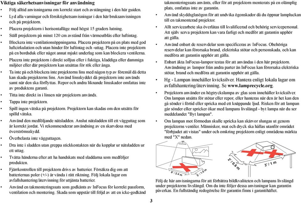 Ställ projektorn på minst 120 cm avstånd från värmeutblås eller luftintag. Blockera inte ventilationsöppningarna.