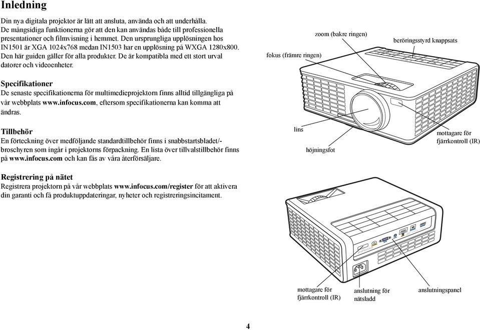 Den ursprungliga upplösningen hos IN1501 är XGA 1024x768 medan IN1503 har en upplösning på WXGA 1280x800. Den här guiden gäller för alla produkter.