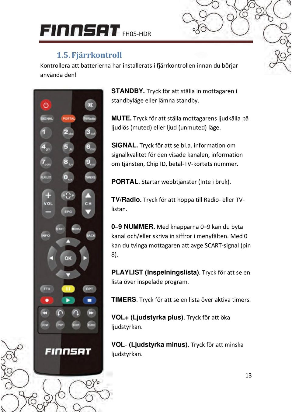 PORTAL. Startar webbtjänster (Inte i bruk). TV/Radio. Tryck för att hoppa till Radio eller TVlistan. 0 9 NUMMER. Med knapparna 0 9 kan du byta kanal och/eller skriva in siffror i menyfälten.