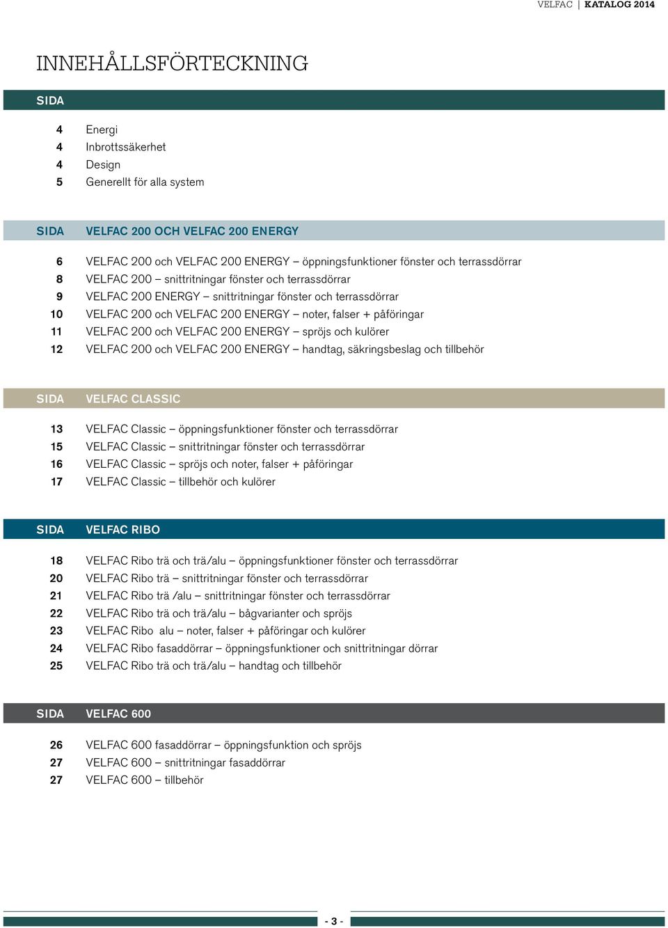 noter, falser + påföringar 11 VELFAC 200 och VELFAC 200 ENERGY spröjs och kulörer 12 VELFAC 200 och VELFAC 200 ENERGY handtag, säkringsbeslag och tillbehör SIDA VELFAC Classic 13 VELFAC Classic