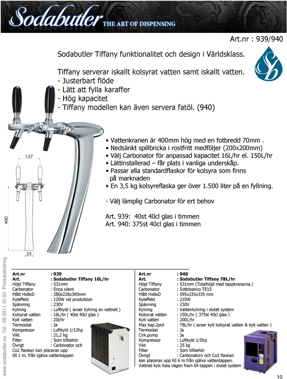 Nedsänkt spillbricka i rostfritt medföljer (200x200mm) Välj Carbonator för anpassad kapacitet 16L/hr el. 150L/hr Lättinstallerad får plats i vanliga underskåp.