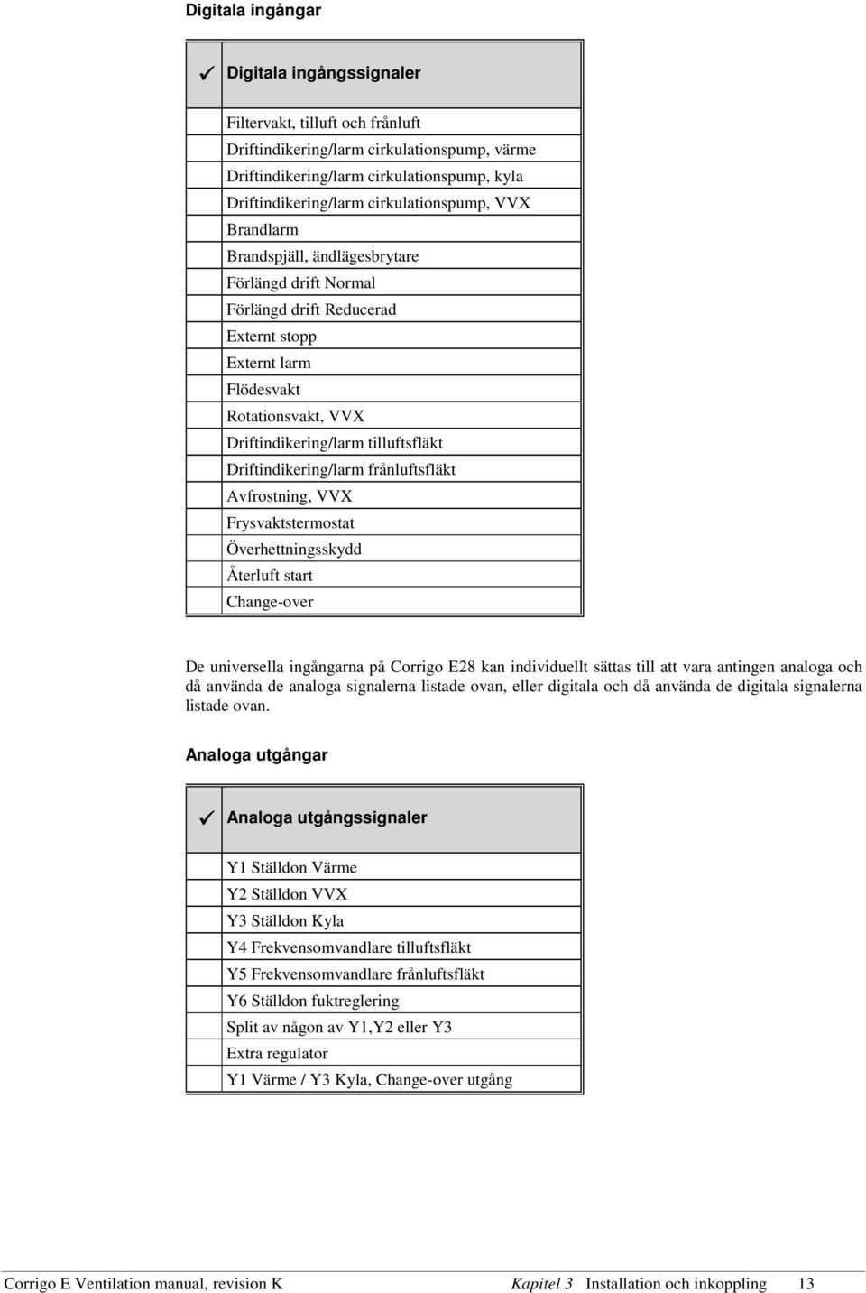 Driftindikering/larm frånluftsfläkt Avfrostning, VVX Frysvaktstermostat Överhettningsskydd Återluft start Change-over De universella ingångarna på Corrigo E28 kan individuellt sättas till att vara