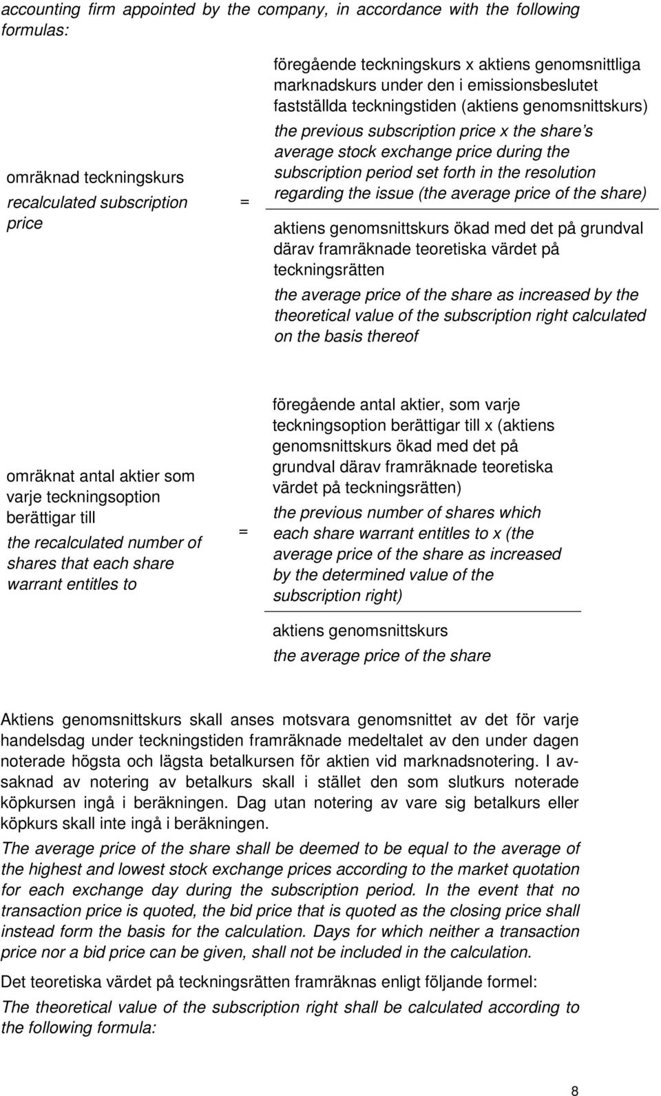 period set forth in the resolution regarding the issue (the average price of the share) aktiens genomsnittskurs ökad med det på grundval därav framräknade teoretiska värdet på teckningsrätten the