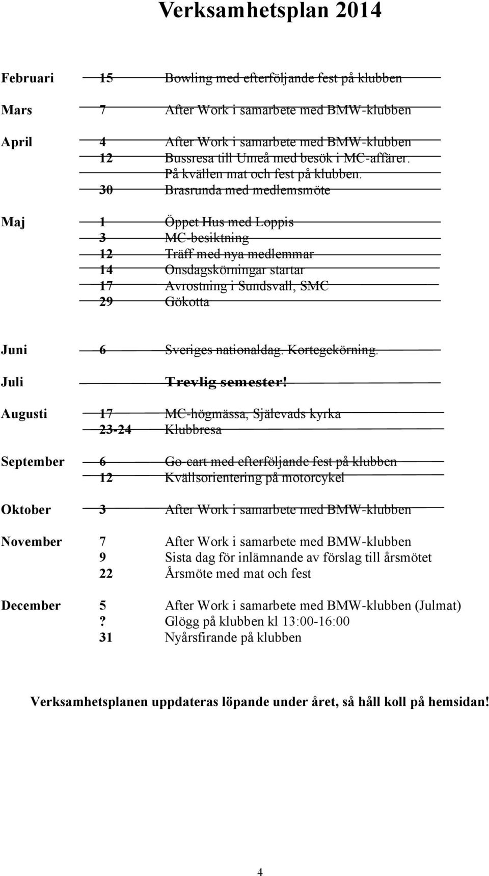 30 Brasrunda med medlemsmöte Maj 1 Öppet Hus med Loppis 3 MC-besiktning 12 Träff med nya medlemmar 14 Onsdagskörningar startar 17 Avrostning i Sundsvall, SMC 29 Gökotta Juni 6 Sveriges nationaldag.