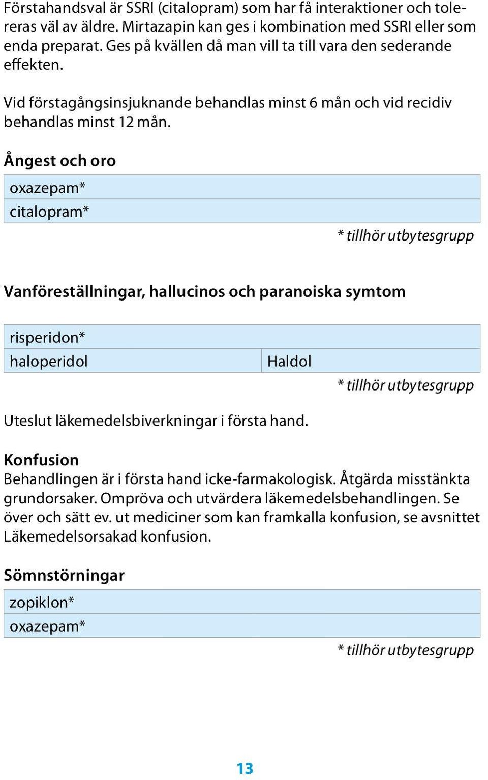 Ångest och oro oxazepam* citalopram* Vanföreställningar, hallucinos och paranoiska symtom risperidon* haloperidol Haldol Uteslut läkemedelsbiverkningar i första hand.