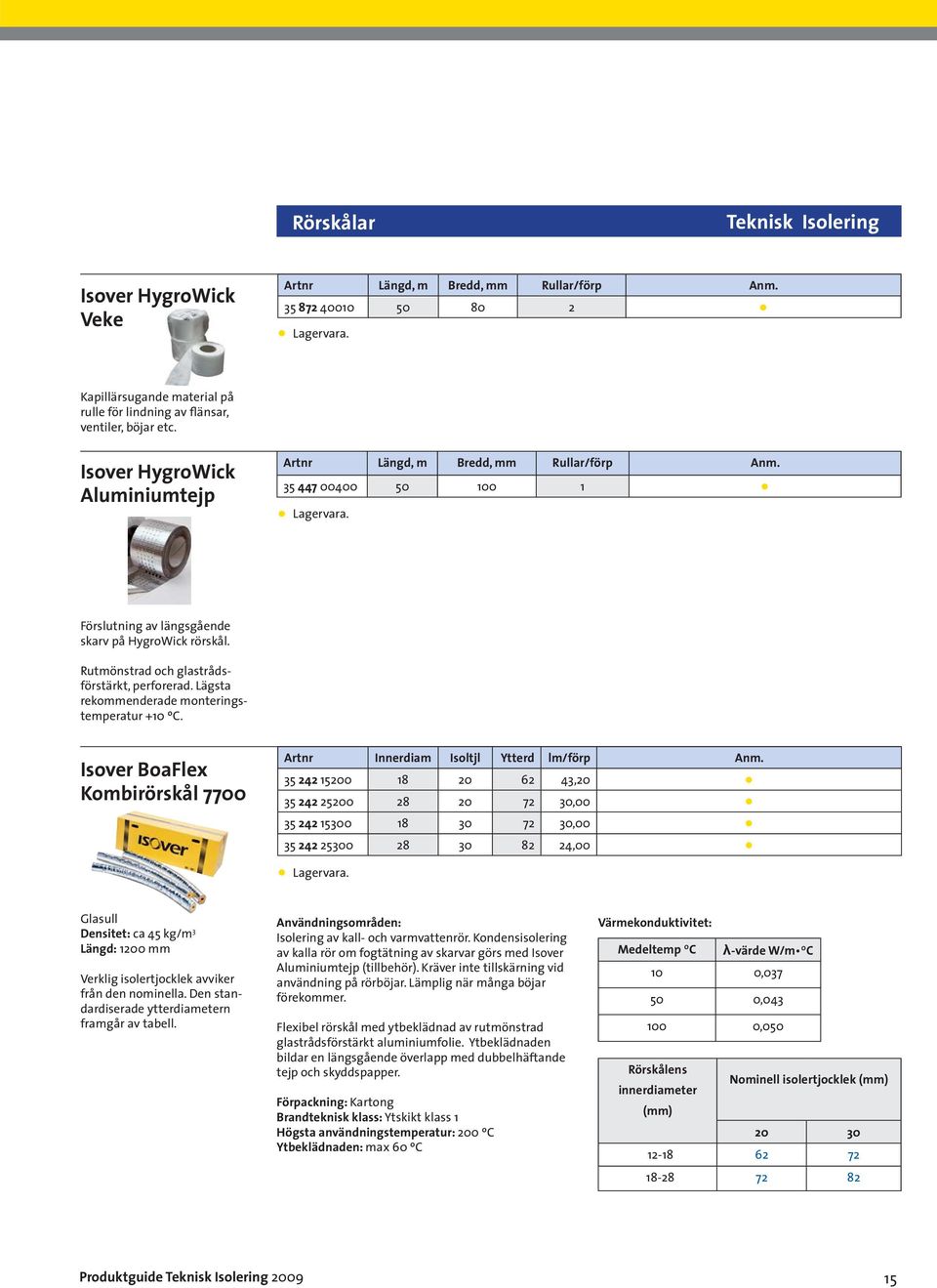 Lägsta rekommenderade monteringstemperatur +10 ºC. Isover BoaFlex Kombirörskål 7700 Artnr Innerdiam Isoltjl Ytterd lm/förp Anm.