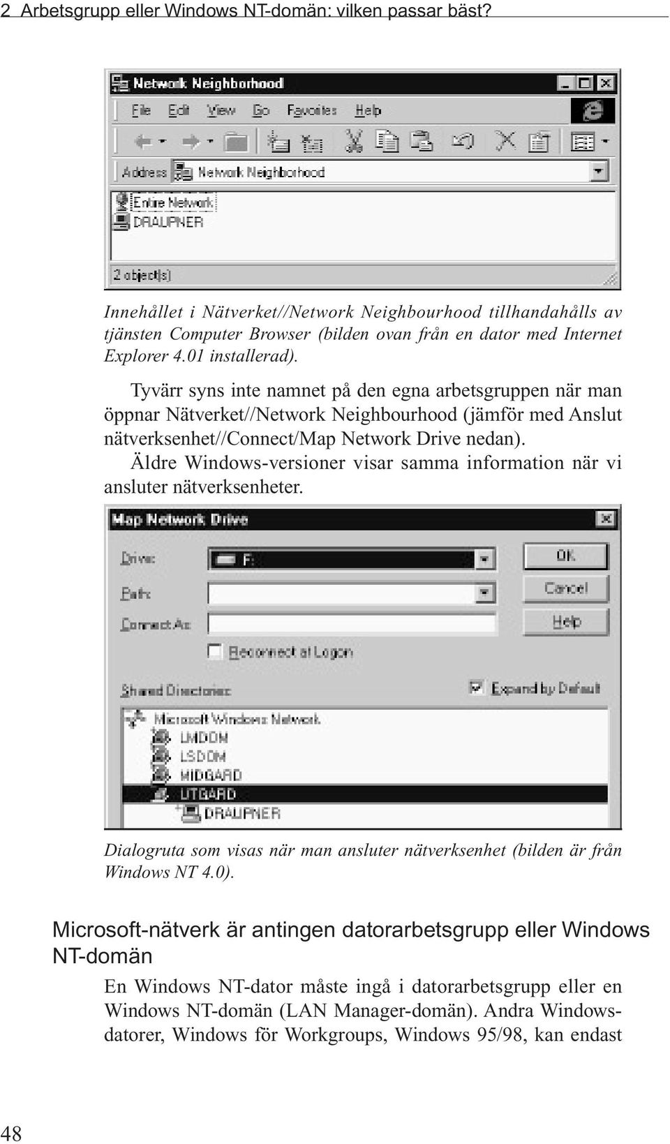 Tyvärr syns inte namnet på den egna arbetsgruppen när man öppnar Nätverket//Network Neighbourhood (jämför med Anslut nätverksenhet//connect/map Network Drive nedan).