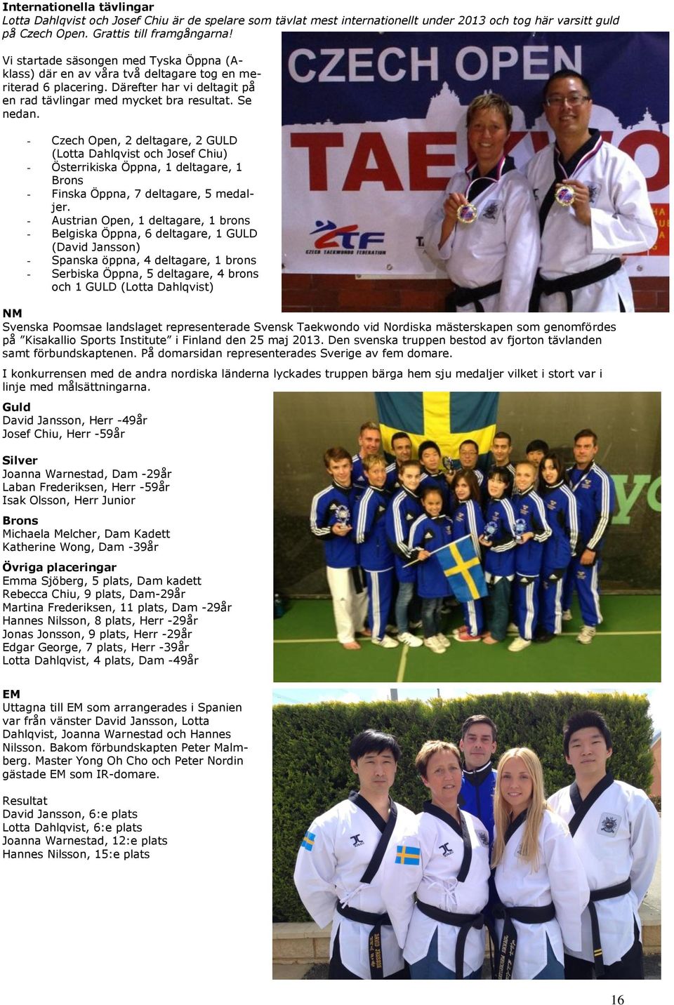 Czech Open, 2 deltagare, 2 GULD (Lotta Dahlqvist och Josef Chiu) Österrikiska Öppna, 1 deltagare, 1 Brons Finska Öppna, 7 deltagare, 5 medaljer.