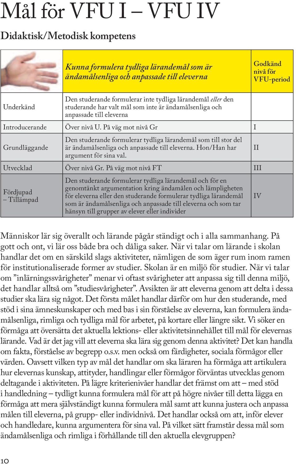 På väg mot nivå Gr I Grundläggande Den studerande formulerar tydliga lärandemål som till stor del är ändamålsenliga och anpassade till eleverna. Hon/Han har argument för sina val.