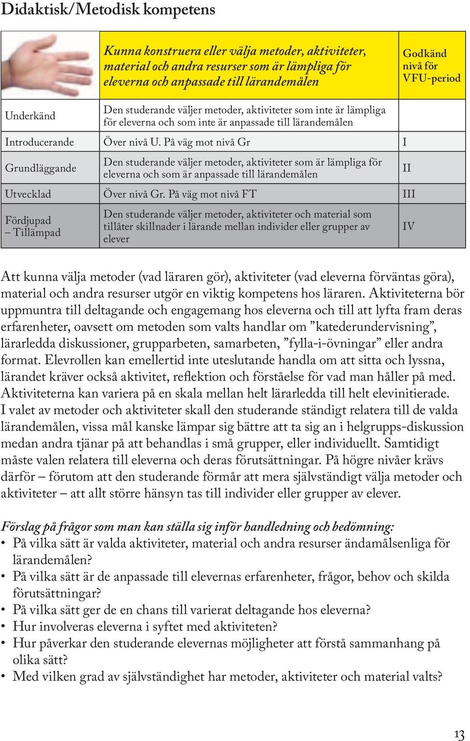 På väg mot nivå Gr I Grundläggande Den studerande väljer metoder, aktiviteter som är lämpliga för eleverna och som är anpassade till lärandemålen Utvecklad Över nivå Gr.