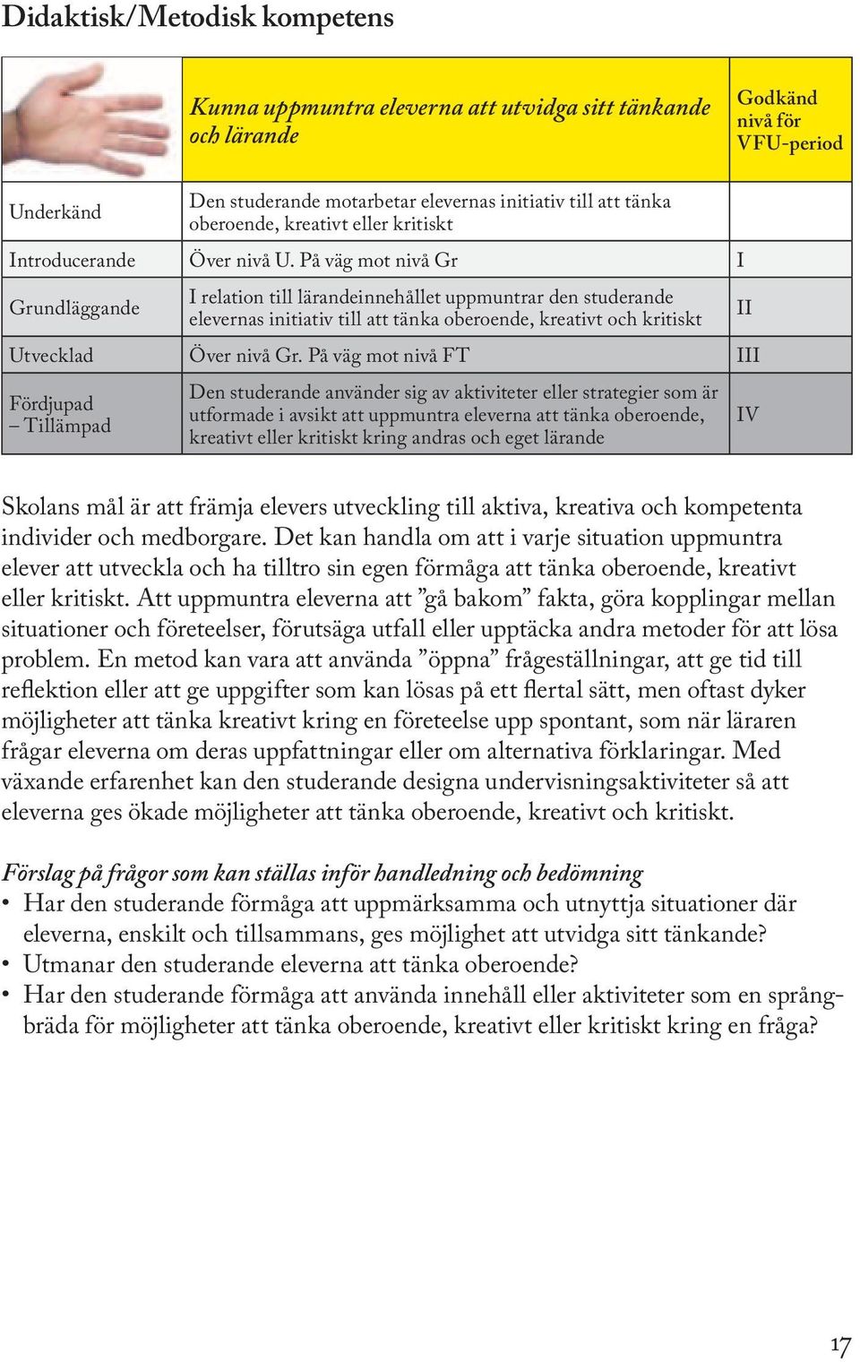 På väg mot nivå Gr I Grundläggande I relation till lärandeinnehållet uppmuntrar den studerande elevernas initiativ till att tänka oberoende, kreativt och kritiskt Utvecklad Över nivå Gr.