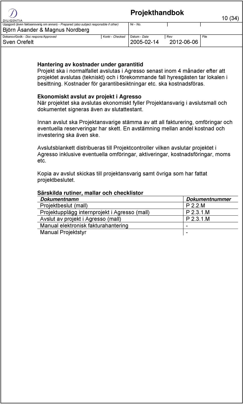 Ekonomiskt avslut av projekt i Agresso När projektet ska avslutas ekonomiskt fyller Projektansvarig i avslutsmall och dokumentet signeras även av slutattestant.