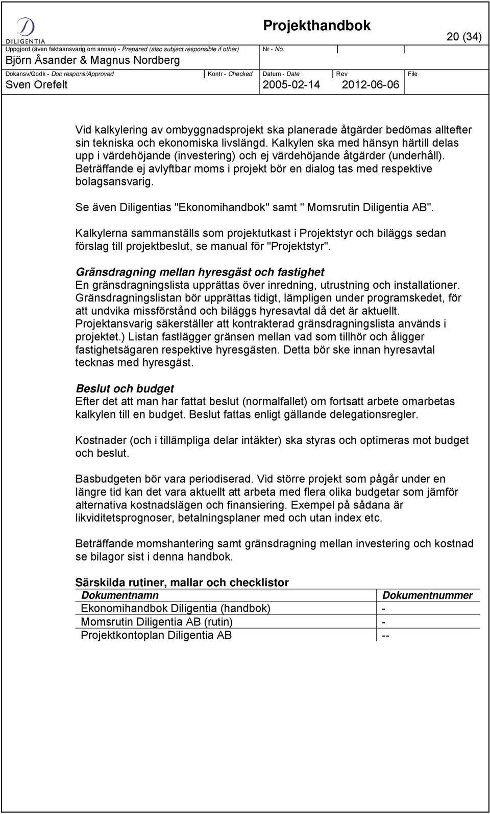 Beträffande ej avlyftbar moms i projekt bör en dialog tas med respektive bolagsansvarig. Se även Diligentias "Ekonomihandbok" samt " Momsrutin Diligentia AB".