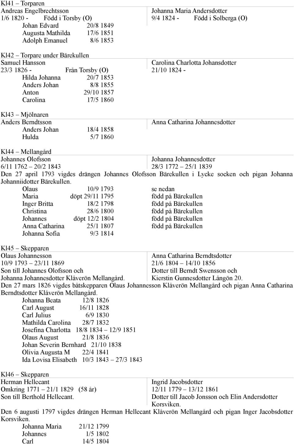 Kl43 Mjölnaren Anders Berndtsson Anders Johan 18/4 1858 Hulda 5/7 1860 Anna Catharina Johannesdotter Kl44 Mellangård Johannes Olofsson Johanna Johannesdotter 6/11 1762 20/2 1843 28/3 1772 25/1 1839