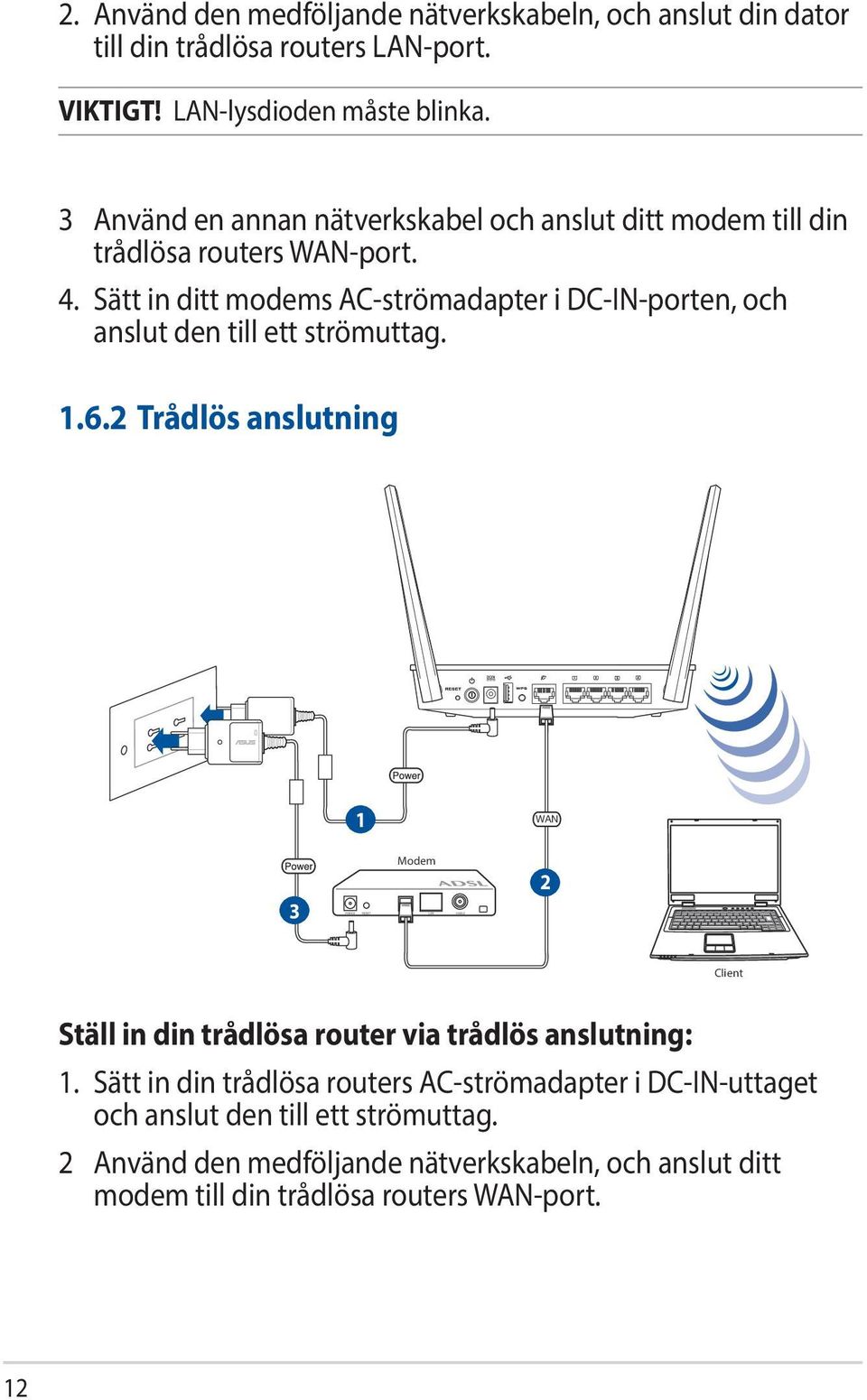 Sätt in ditt modems AC-strömadapter i DC-IN-porten, och anslut den till ett strömuttag. 1.6.