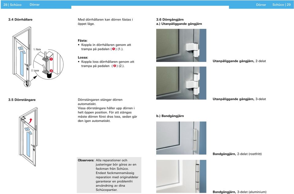 5 Dörrstängare Dörrstängaren stänger dörren automatiskt. Vissa dörrstängare håller upp dörren i helt öppen position. För att stängas måste dörren först dras loss, sedan går den igen automatiskt. b.